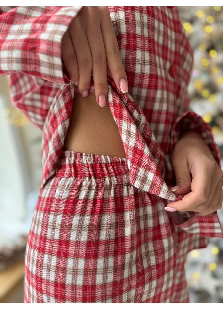 Комбинированная пижама женская клетка красно-белая фланелевая / домашний костюм женский теплый в красную клеточку / пижама женская фланель зимняя No Brand