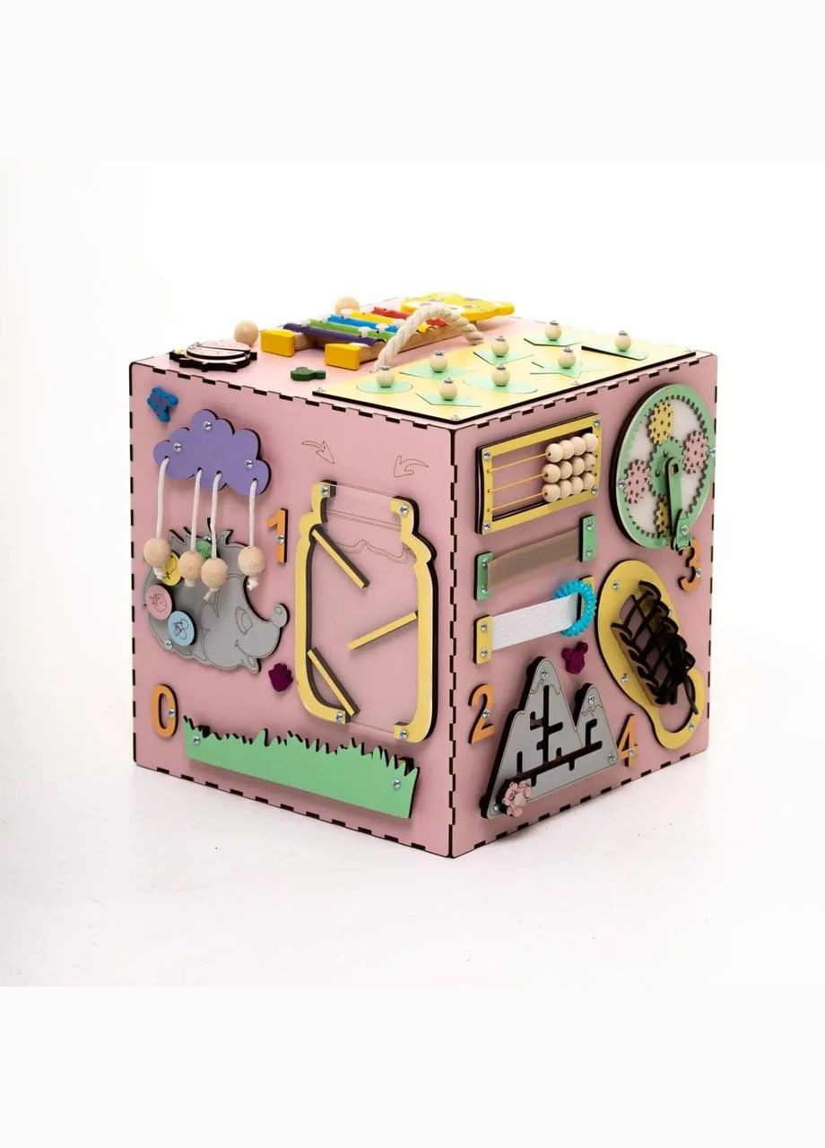 Дитячий ігровий розвиваючий бізікуб з дерева для дівчаток Рожевий 30х30х30 см Handmade 213-001-004 (346085175)