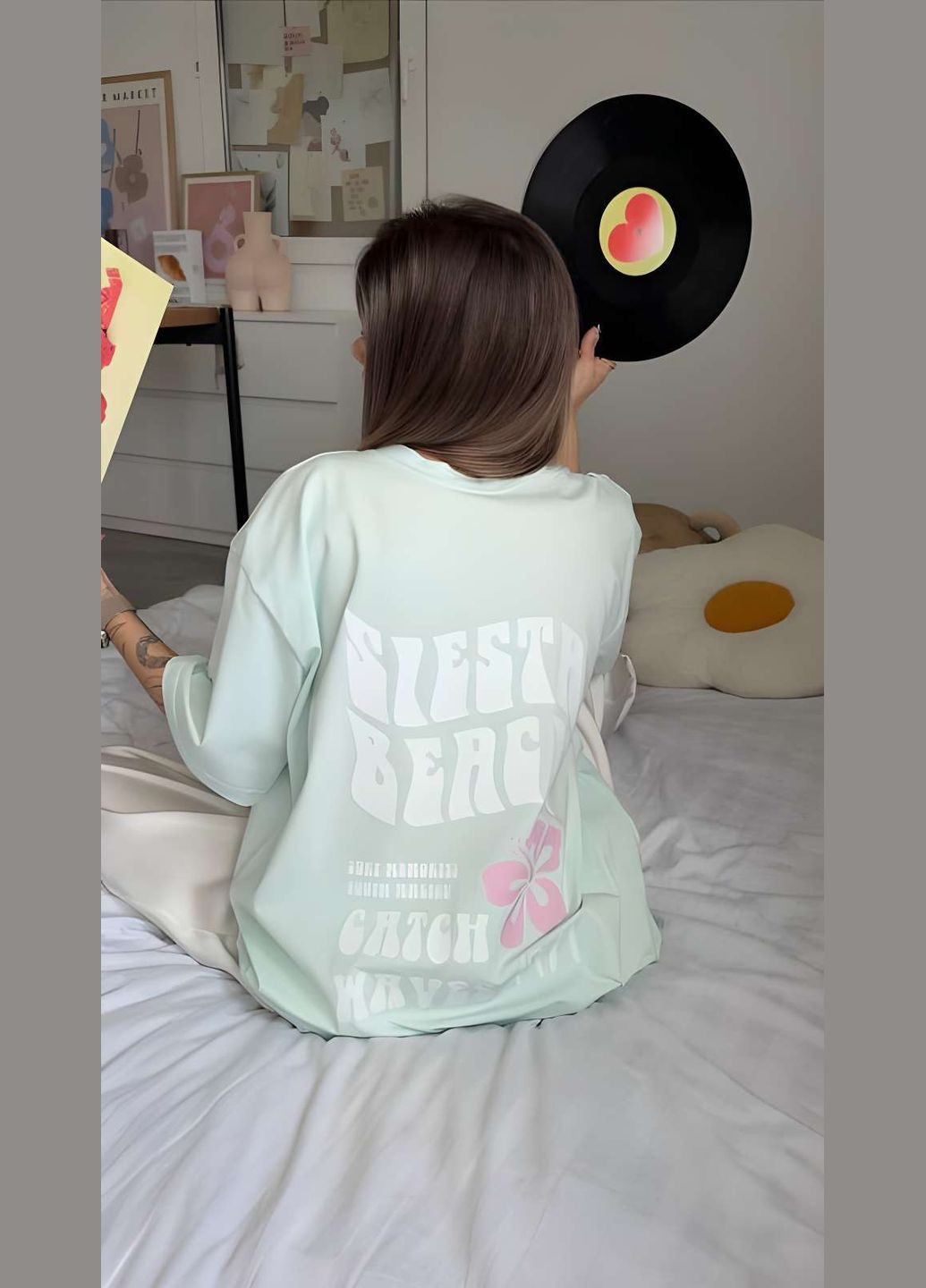 Женская качественная нежная хлопковая футболка оверсайз с надписью siesta beach one size мятный хлопок Україна - (339402890)