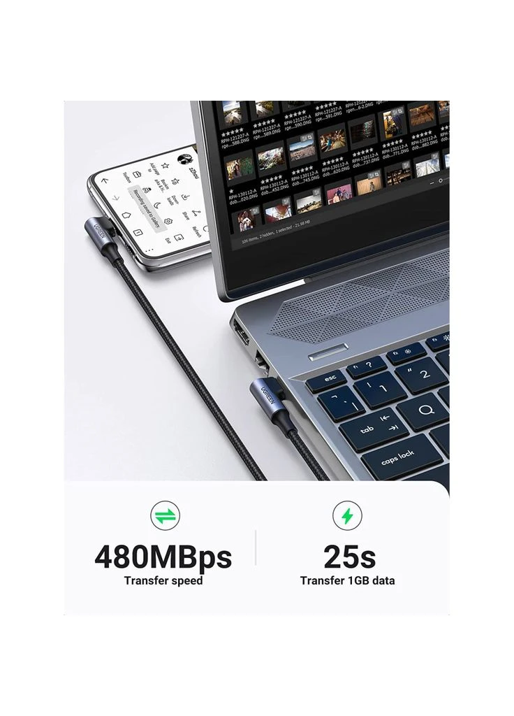 Дата кабель USB-C to USB-C 1.0m 100W (20V/5A) 90° corner braided black (70696) Ugreen (382071318)