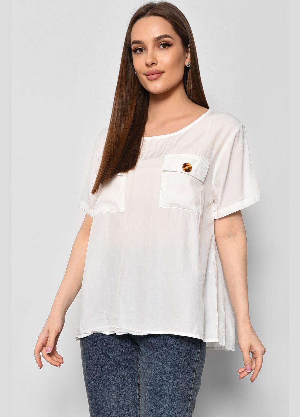 Белая демисезонная блуза женская с коротким рукавом белого цвета с баской Let's Shop