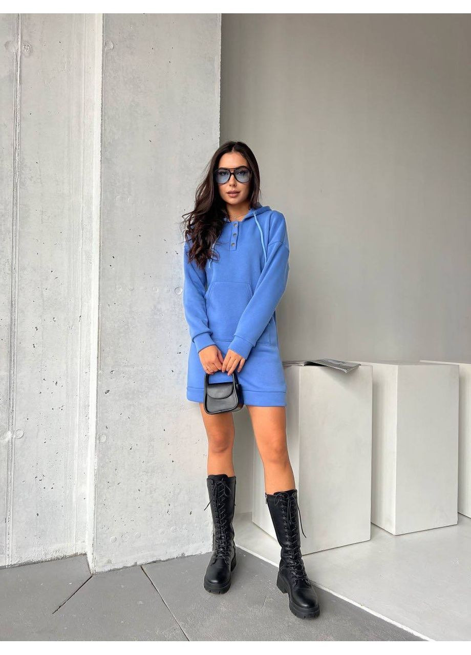 Светло-синее платье 2070 трехнить на флисе с капюшоном и карманом кенгуру Україна