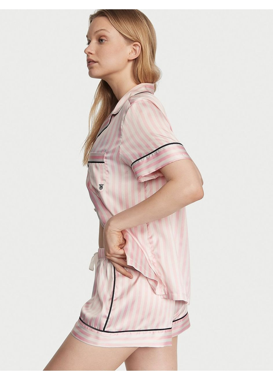 Бледно-розовая сатиновая пижама в розовую полоску с шортами glazed satin short pajama set виктория сикрет оригинал рубашка + шорты Victoria's Secret