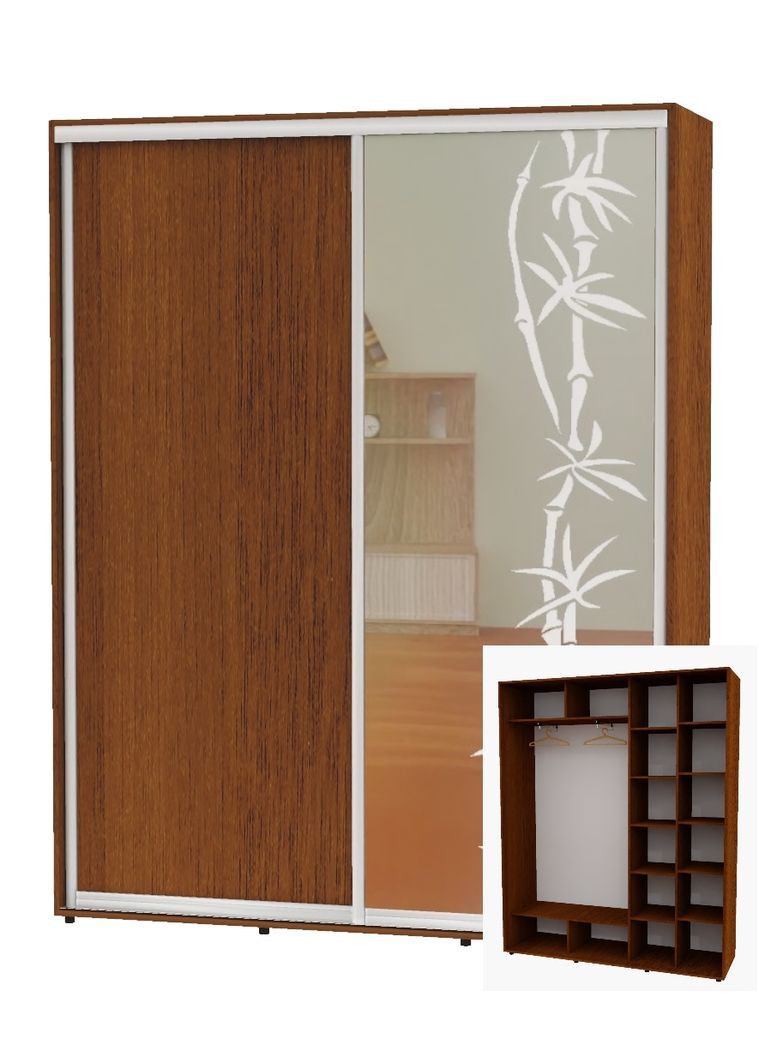 Шафа-купе дводверна 200*45*230 Горіх лісовий ДСП/Дзеркало з піскострумним малюнком Алекса (360459470)