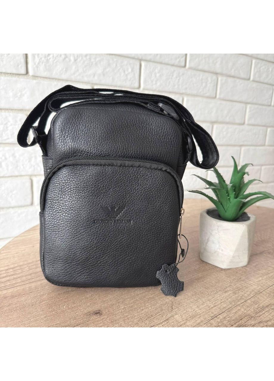 Кожаная мужская сумка-планшетка Armani черная на плечо барсетка для документов и мелочей ProDobro (363222025)