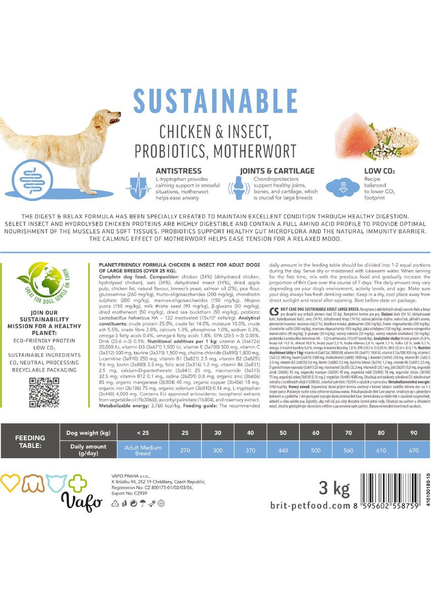 Сухой корм Dog Sustainable Adult Large Breed для собак больших пород, с курицей и насекомыми, 3 кг Brit Care (362702644)
