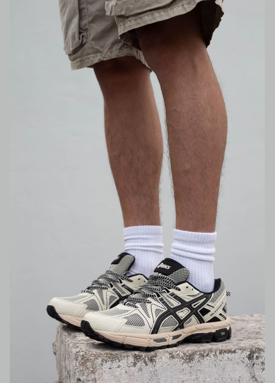 Бежеві чоловічі кросівки текстильні сітка літні асікс гель кахана 8 бежеві з чорним No Brand