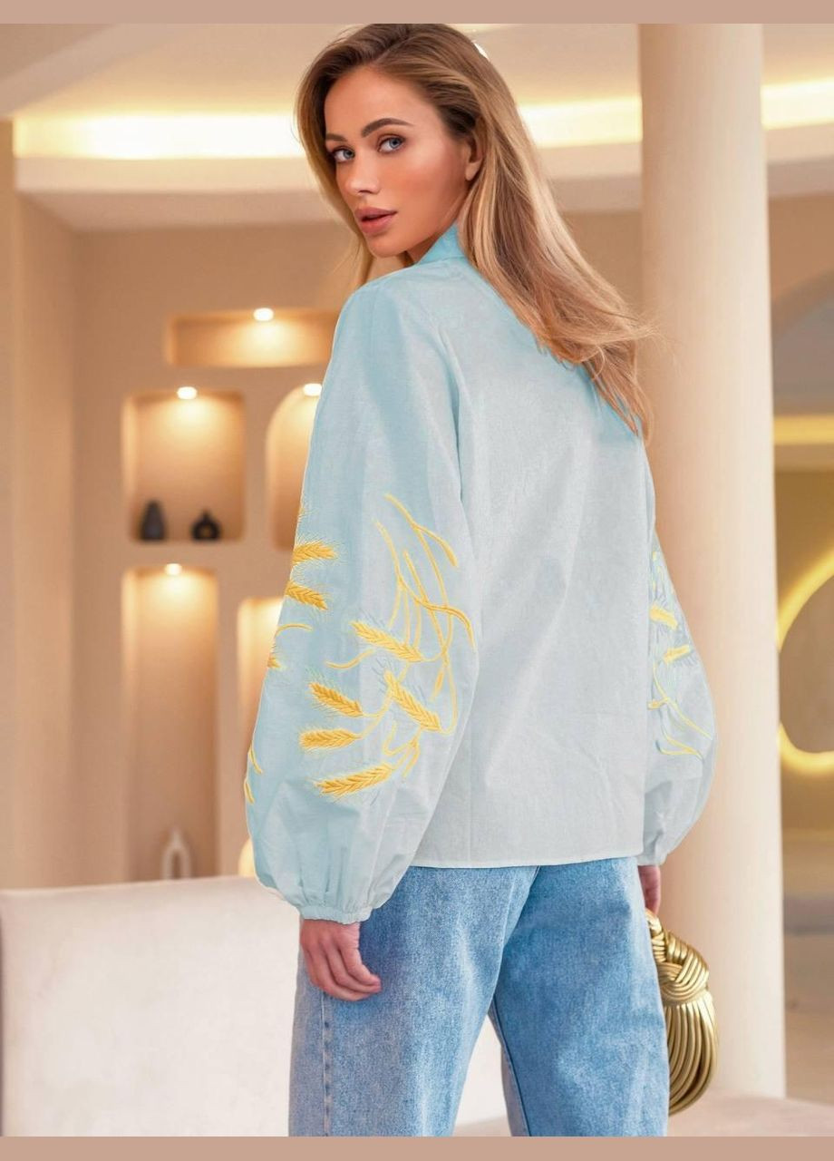 Голубая женская вышиванка, рубашка с золотыми вышитыми колосьями S M L(42 44 46) No Brand (290282230)