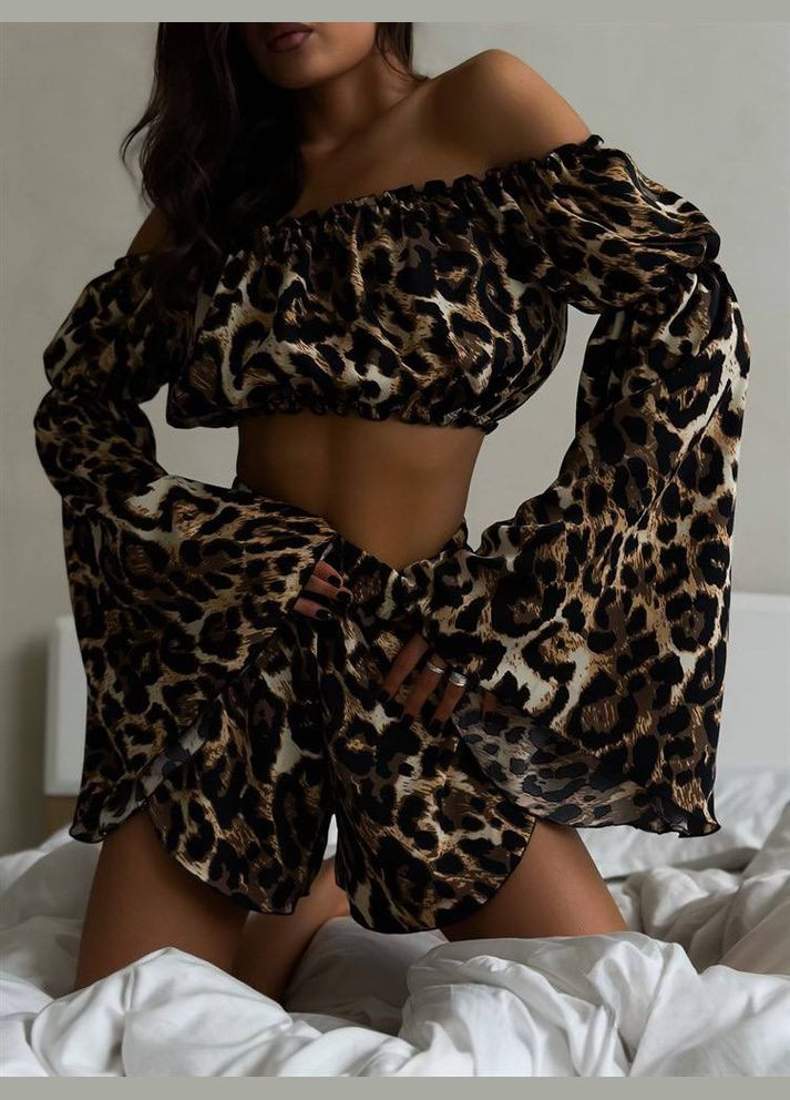 Комбінована красива леопардова піжама із софту, легка та вільна леопардова піжама (топ+шорти) No Brand 478