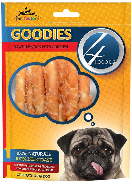 Лакомство для собак палочки из сырой кожи курицы 100 г (5949060207804) 4Dog (307360019)