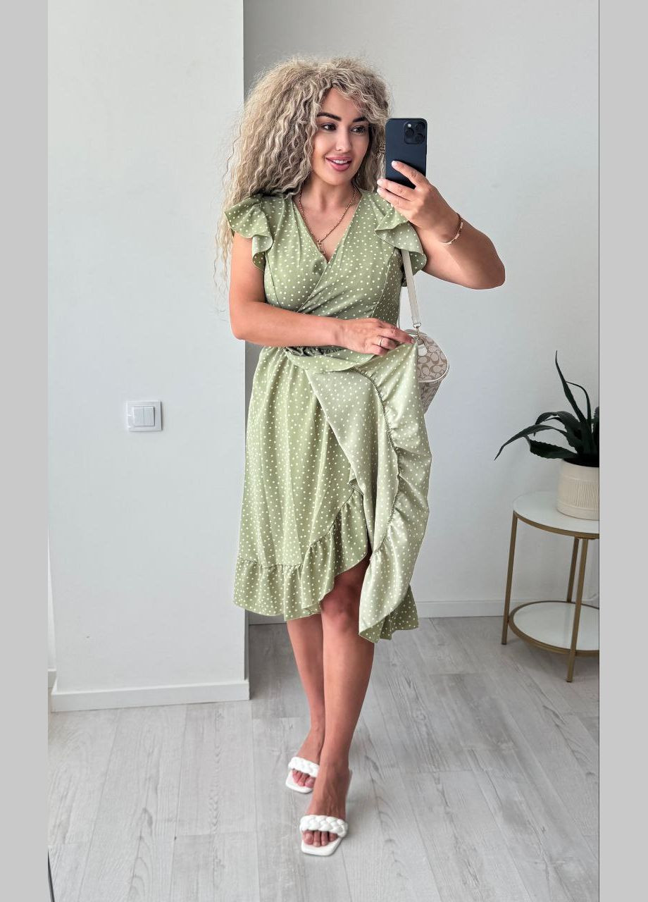 Оливкова повсякденний, кежуал сукня жіноча на запах на запах Україна в горошок