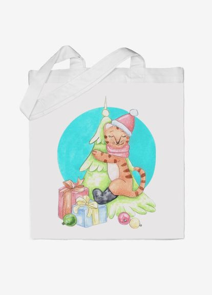 Эко сумка, шоппер, повседневная с новогодним принтом Тигр в обнимку с елкой Кавун шопер (316138018)