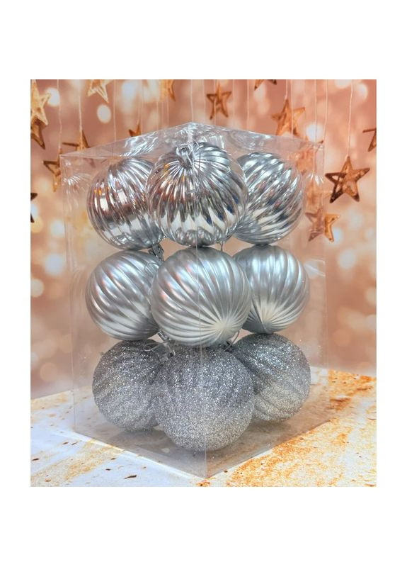 Набір ялинкових іграшок Рельєф пластикових круглих 12 шт 8 см Срібний No Brand (362666648)