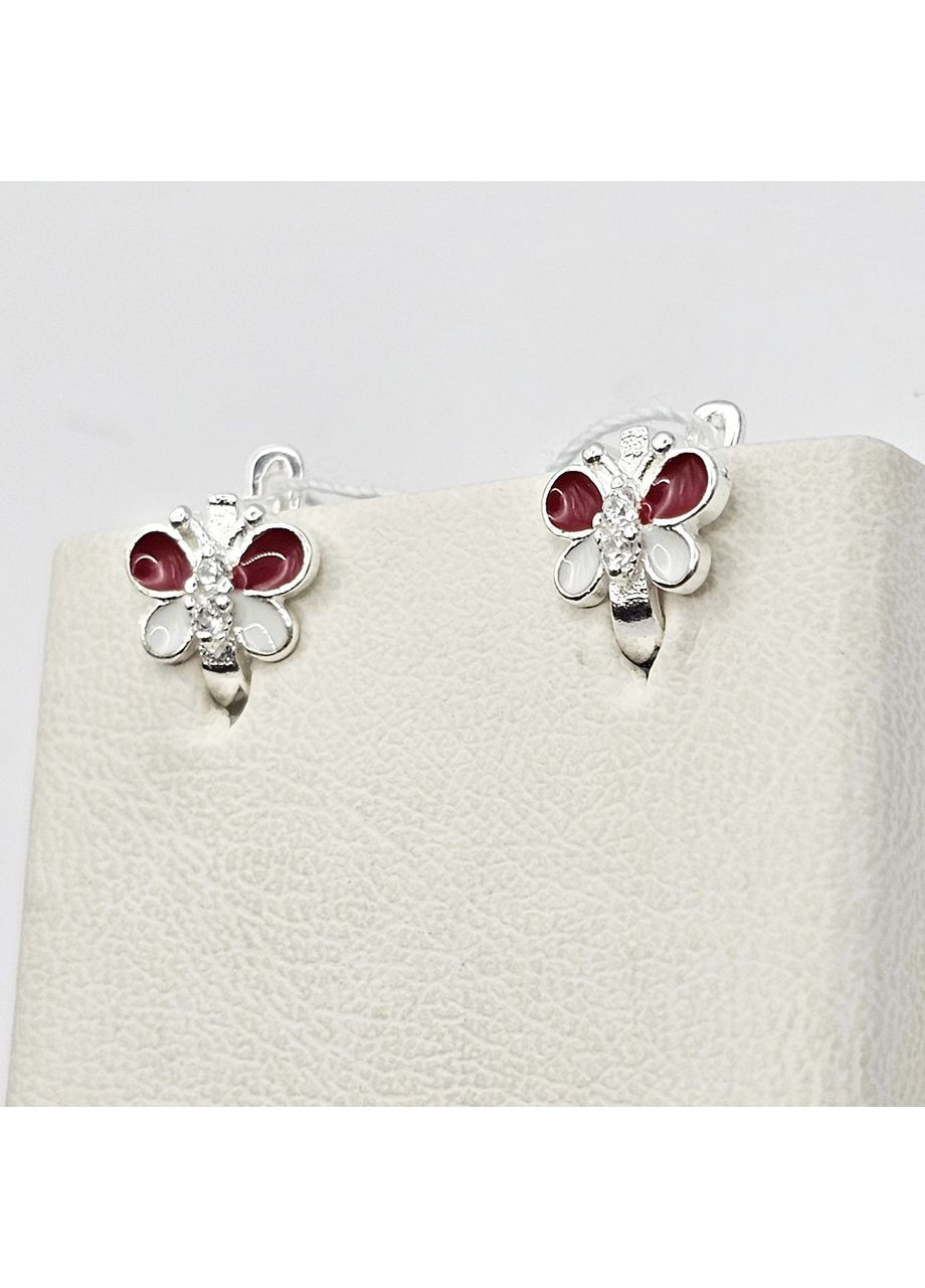 Сережки срібні з ювелірною червоною емаллю й кубічним цирконієм "Метелики" 1,53 г No Brand (369737613)