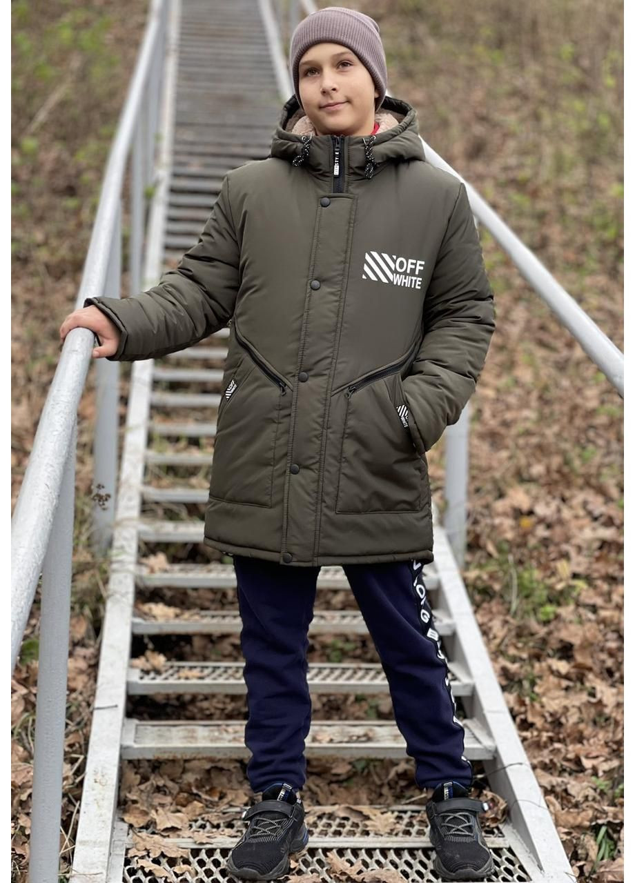 Чорна зимня зимова підліткова куртка парка на овчині для хлопчиків чорне пальто офф-вайт для підлітків зима 42 No Brand