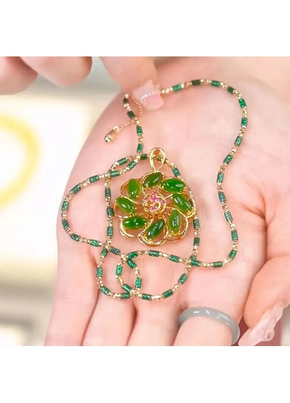 Підвіс жіночий золотистий квітка з зеленими каменями 4.3 см 40+5 см AurumLux066 Liresmina Jewelry (356109221)
