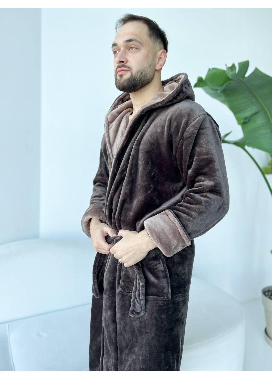 Мужской теплый халат / Халат мужской мягкий с капюшоном, коричневый / Мужской велюровый халат с поясом и карман No Brand (367610225)