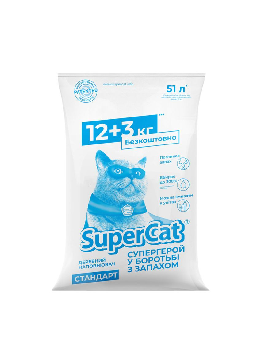 Дерев'яний наповнювач SuperCat 12+3 кг в економічній упаковці (синій) гран 6 мм Collar (322032513)