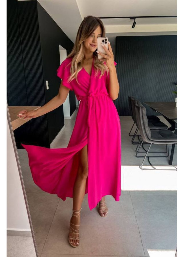 Малиновое повседневный женское платье-макси с запахом и глубоким разрезом на запах Україна однотонное