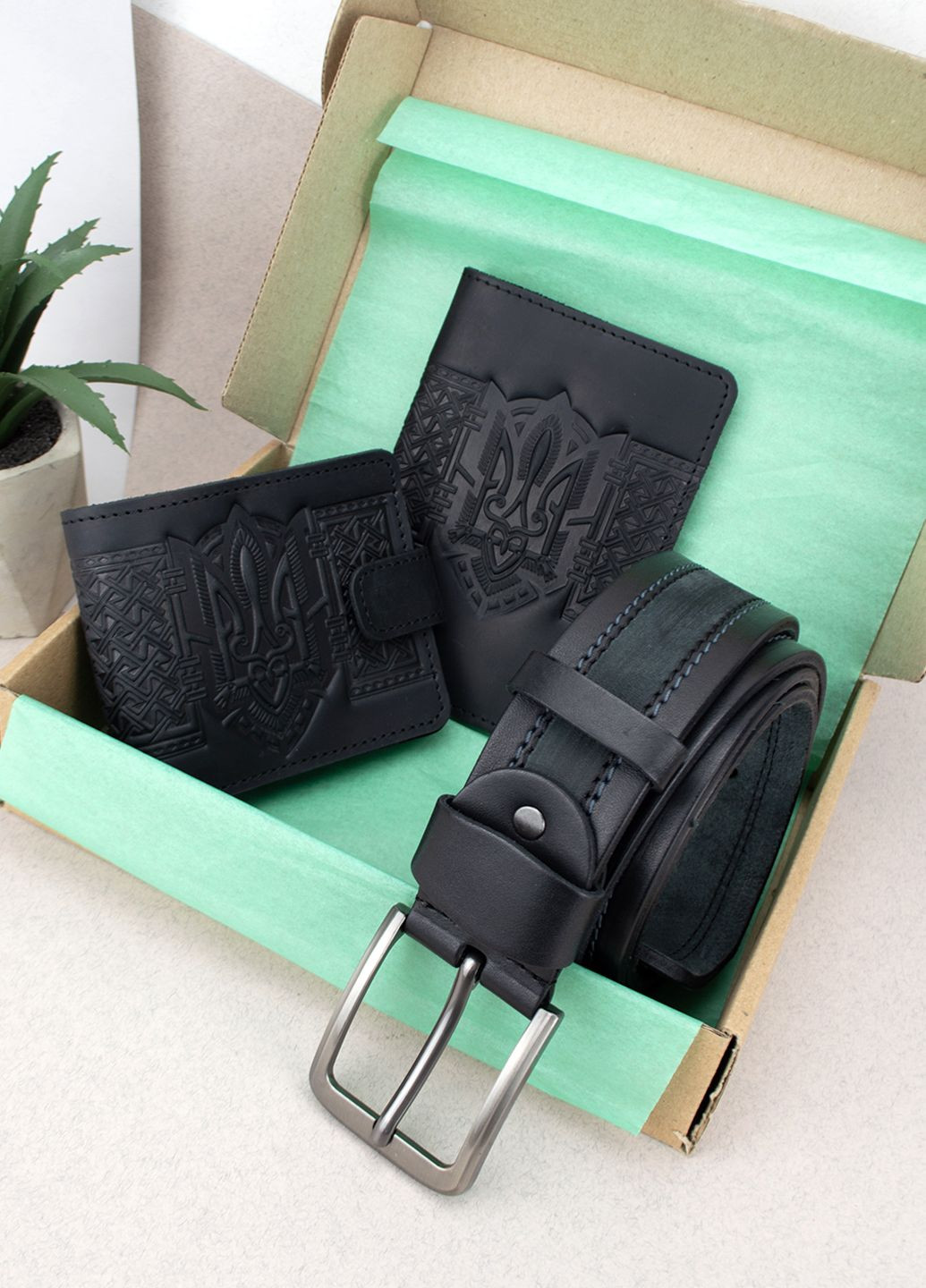 Подарочный мужской набор №86: портмоне + ремень + обложка на паспорт (черный) HandyCover (278320062)