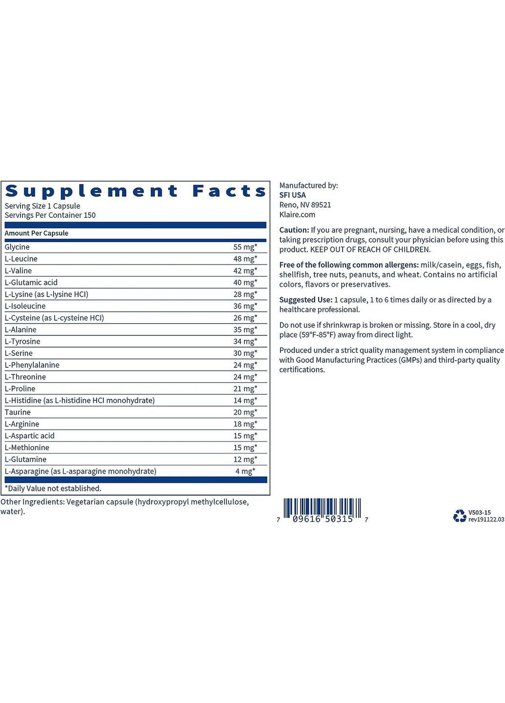 Amino Acid Complete 150 капсул Klaire Labs (303701177)