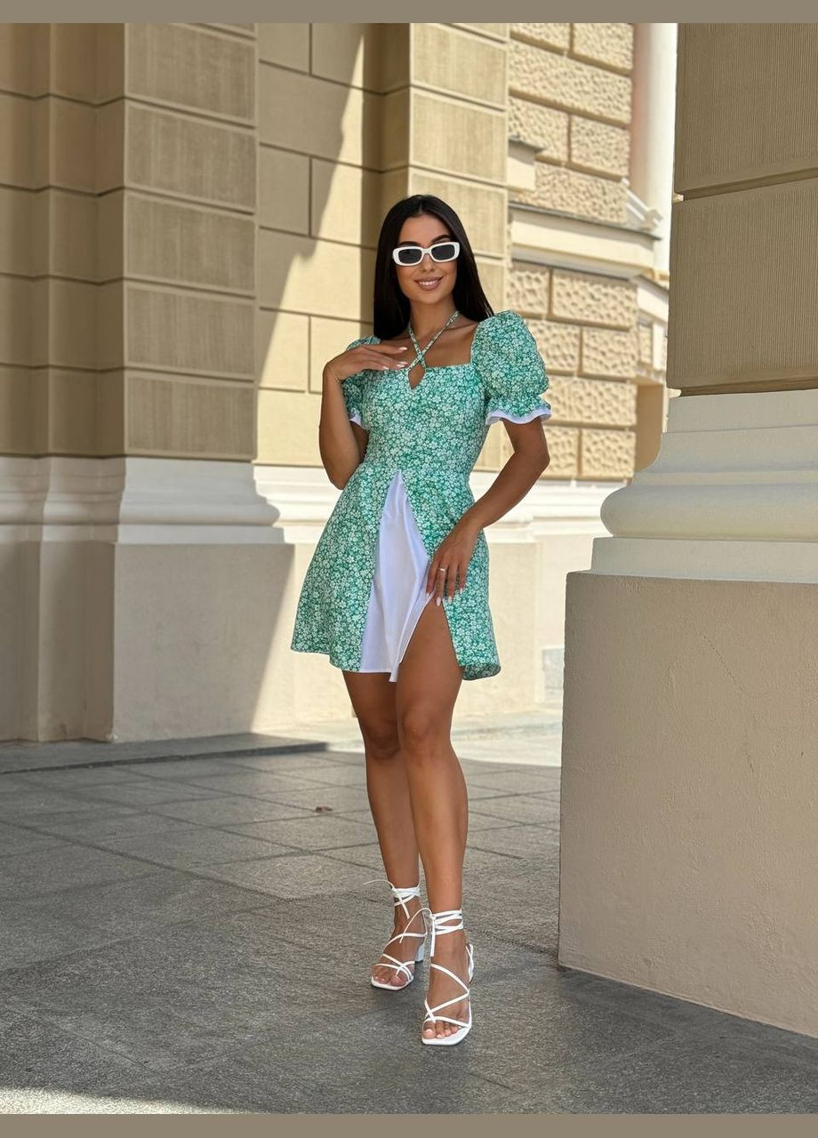 Зелена повсякденний жіноча сукня міні з розрізом у квітковий принт а-силует Україна з квітковим принтом