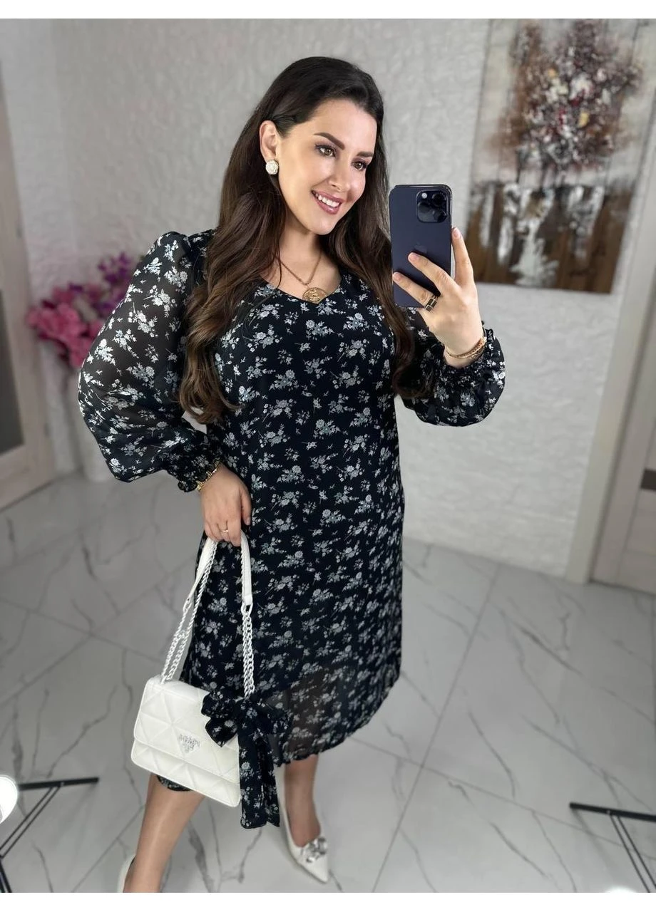 Чорна романтична шифонова сукня вільного крою із довгими рукавами No Brand