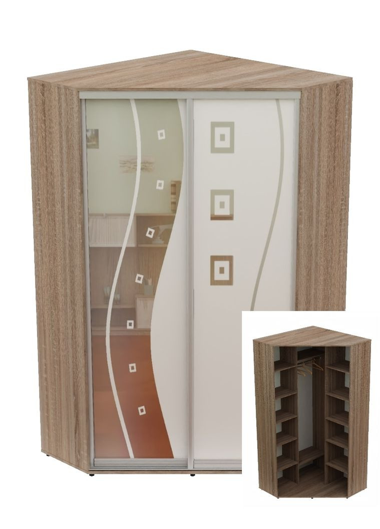 Шафа-купе дводверна кутова 100*100*230 Дуб Сонома трюфель Дзеркало з піскострумним малюнком Угол-1 Алекса (360461102)