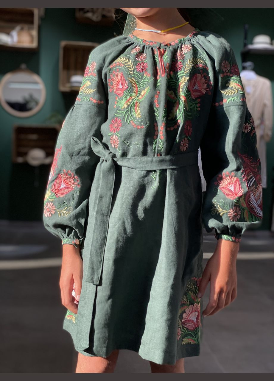 Зелена сукня вишиванка дитяча із льону мавка зелений No Brand (340689815)