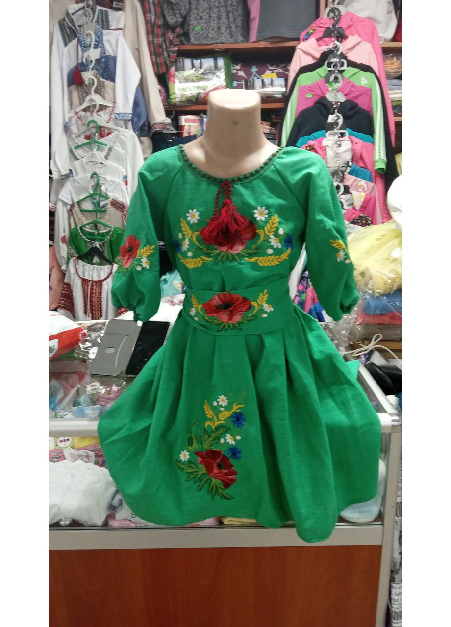 Зелёная детское льняное платье вышиванка для девочки с поясом мама дочь family look 98 104 110 116 122 128 134 140, 104 (366080071)