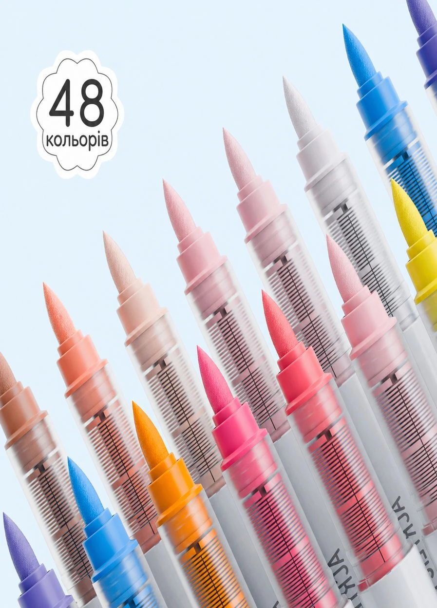 Акрилові маркери 48 кольорів, пензликові soft brush, для розмальовок Disney, малювання, тканини, скла, дерева, пластику Languo (391444093)