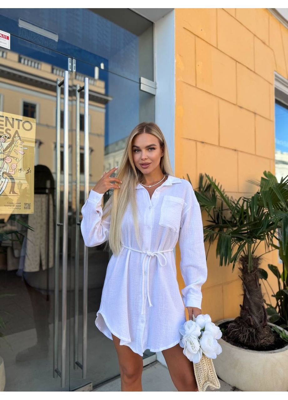 Білий сукня-сорочка натуральний муслін,з поясом у комплекті на ґудзиках Україна