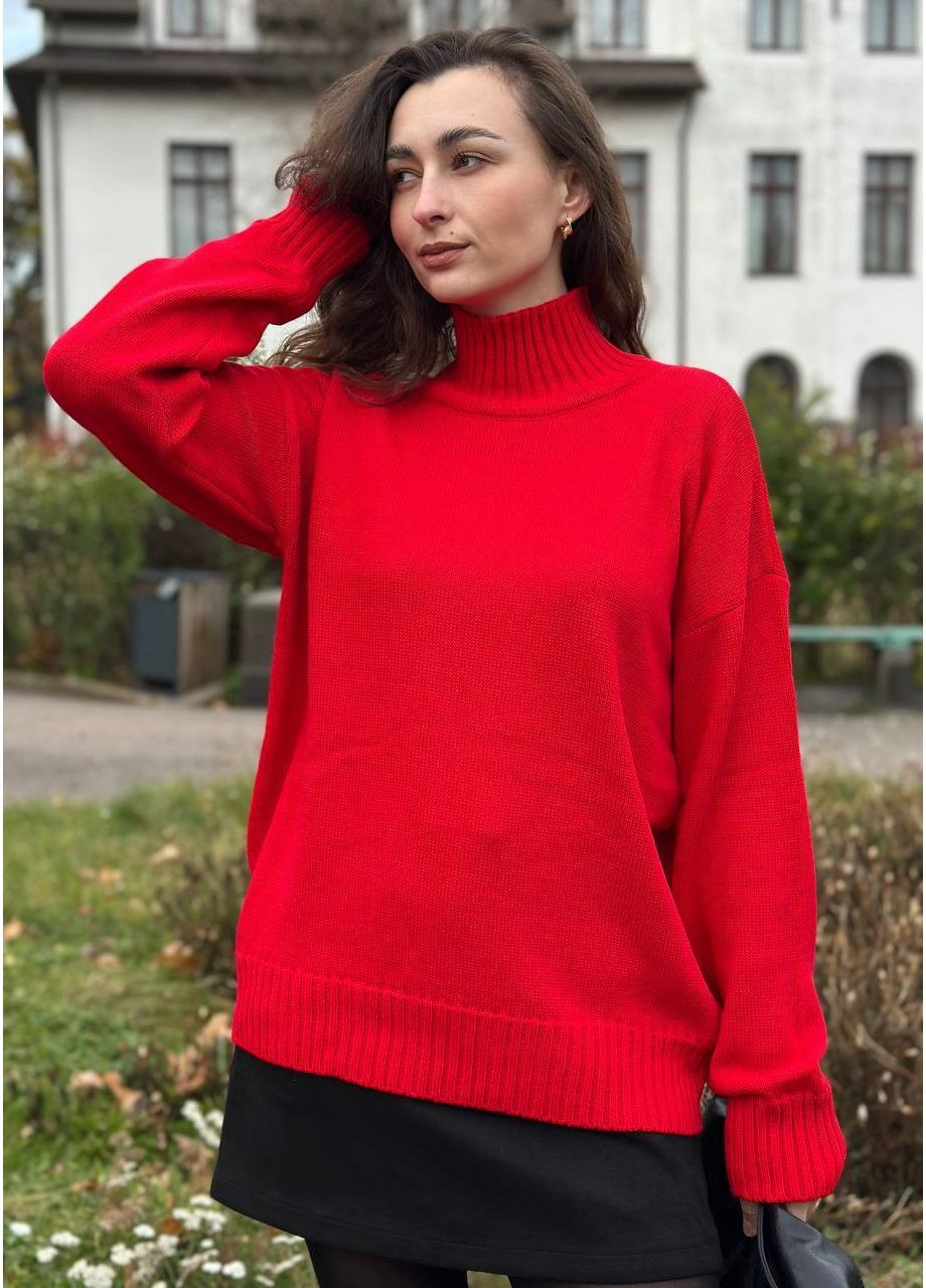 Яскраво-червоний демісезонний светр з комірцем стійкою, бордо No Brand оверсайз