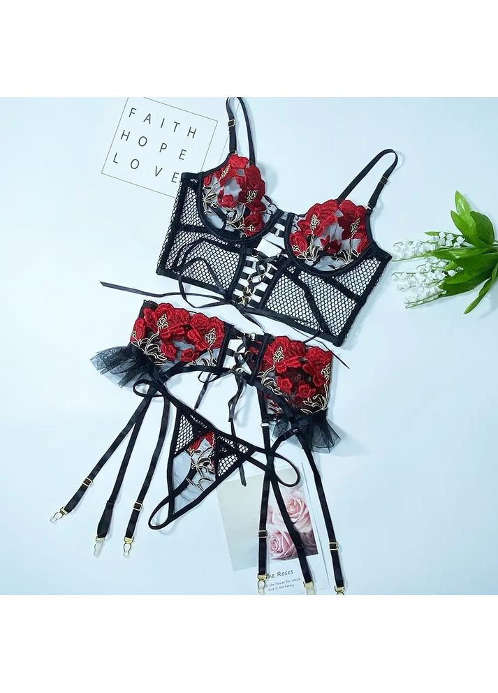 Черный демисезонный кружевной комплект с поясом-юбкой. черное женское нижнее белье с розовой отделкой. No Brand