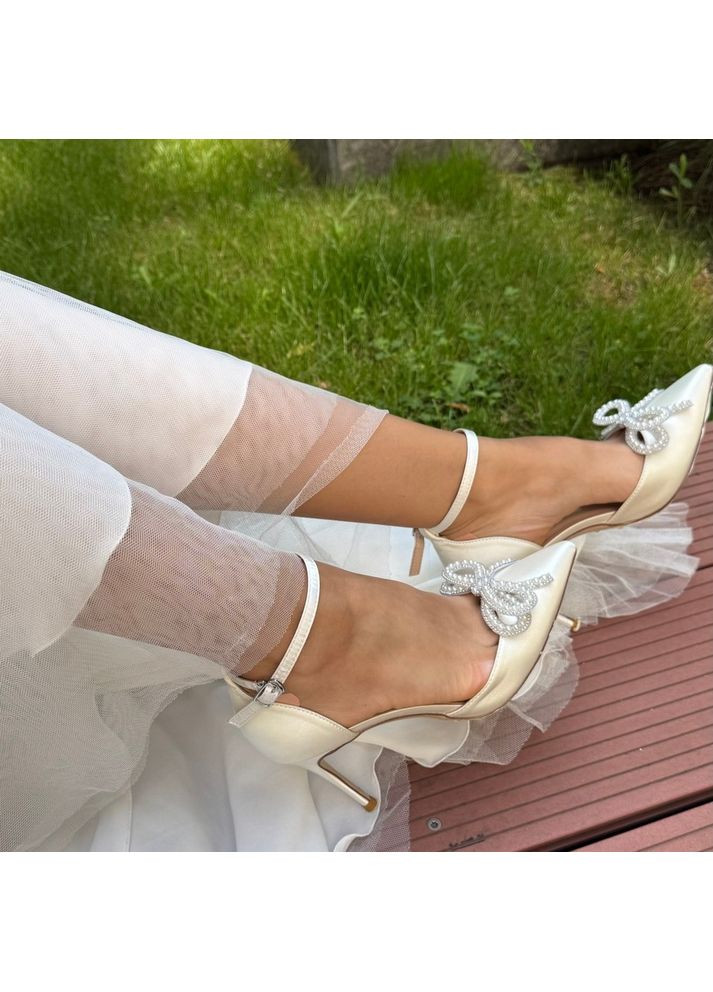 No Brand Жіночі туфлі весільні атласні та брошкою перли бант 9 см білий з текстиль, — (351394302)