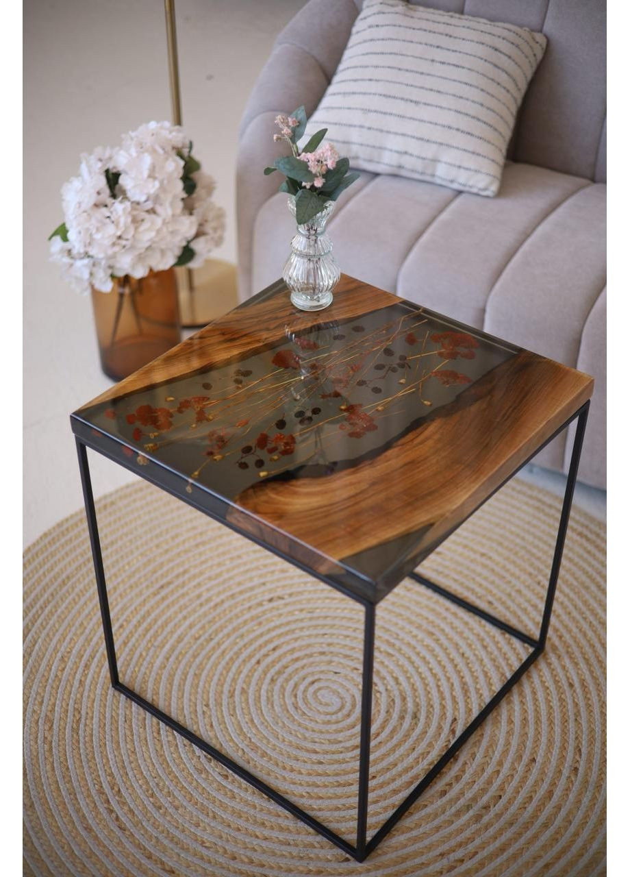 Столик журнальний дерево + епоксидна смола «Квадрат, квіти №1» 50х50 см (2240046) Vitan (365877193)