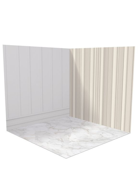 Угловой виниловый фотофон 3D, белая панельная стена и бежевая рейка, пол мрамор с прожилками, 80×80 см, №58369 PhotoVinyl (354374588)