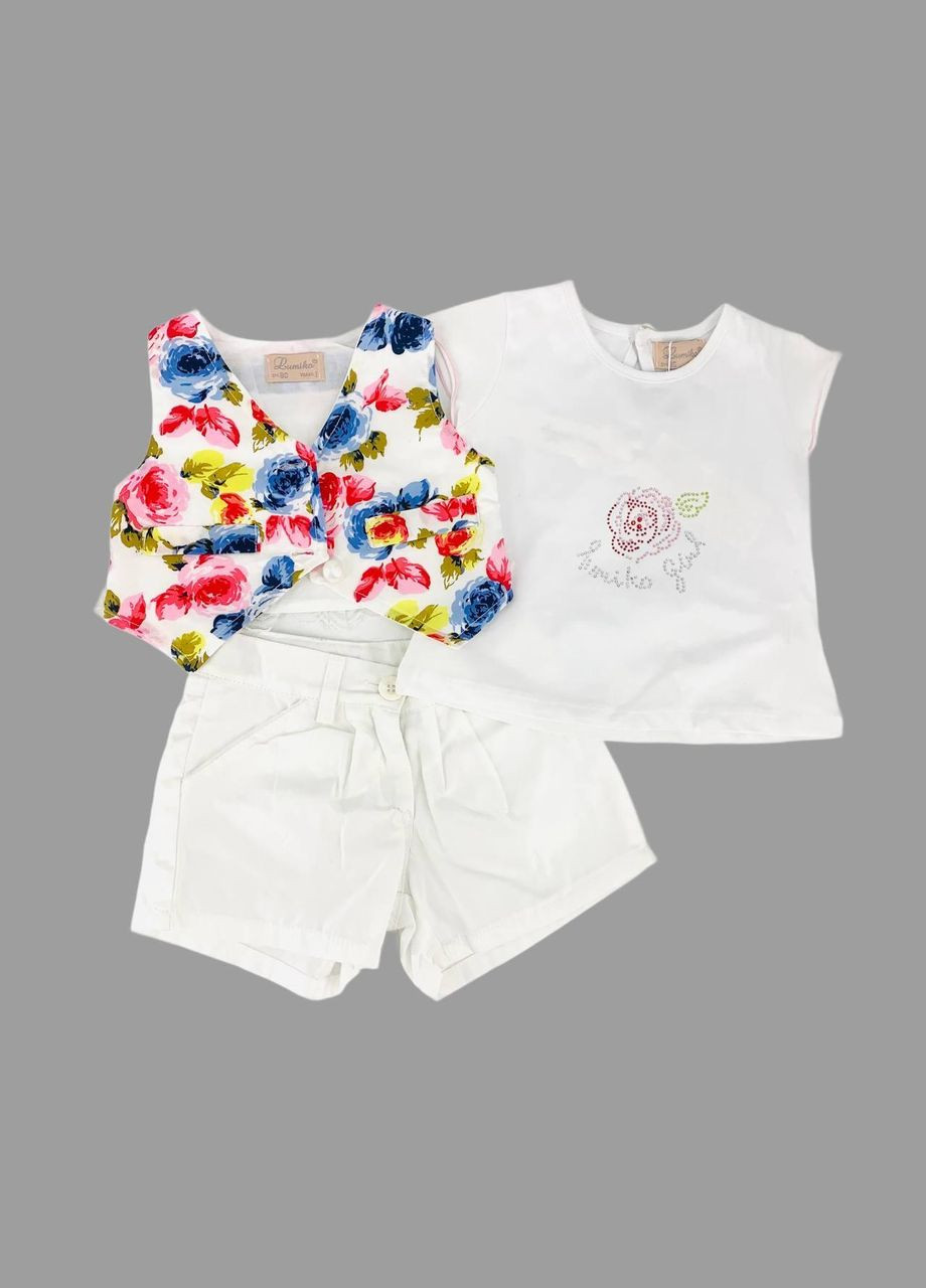 Білий літній комплект lumiko (футболка + шорти + жилет), арт. 00546-03, /квіти, 80 см, 9-12 міс. No Brand