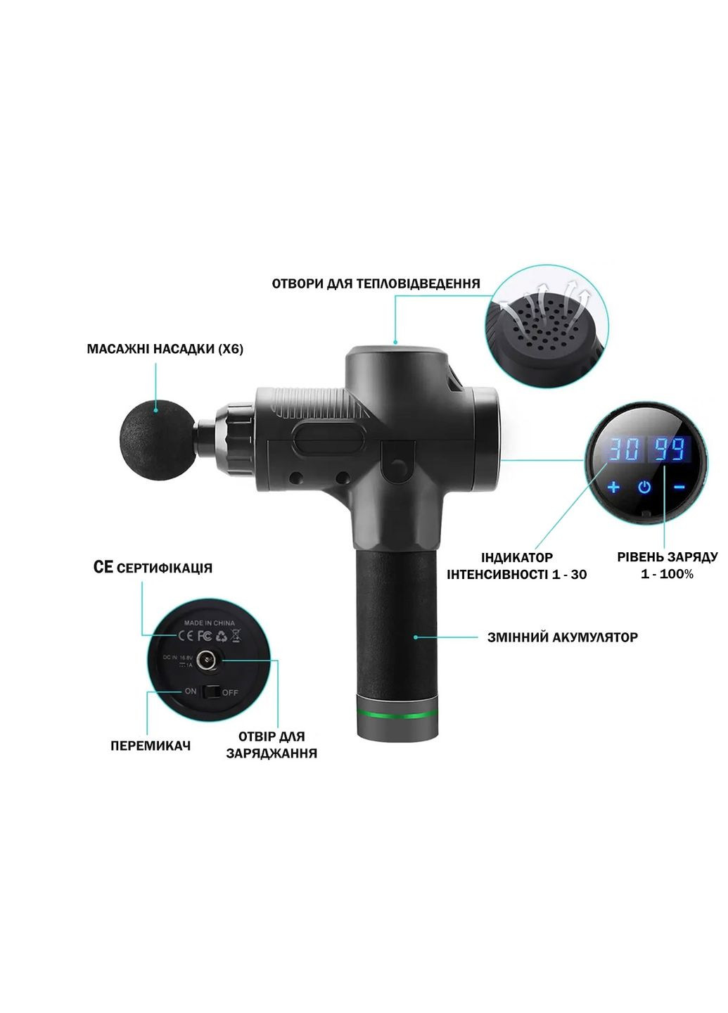 Масажний пістолет Percussio (портативний перкусійний вібромасажер для тіла з 6 насадками) EasyFit (360963514)
