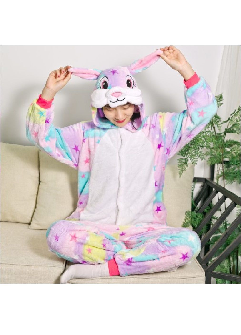 Кигуруми костюм пижама женский махровый застегивается на кнопках с капюшоном ушами (478512-Prob) Радужный заяц размер L Unbranded (305843429)