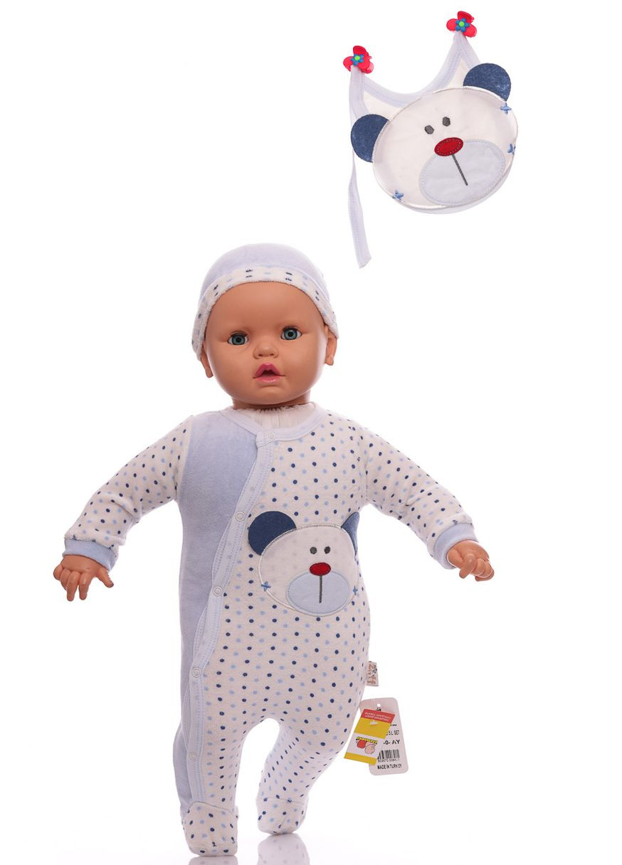 Голубой зимний комплект человечек с шапочкой для мальчика велюр с мишкой голубым см (29910) BABYKROHA