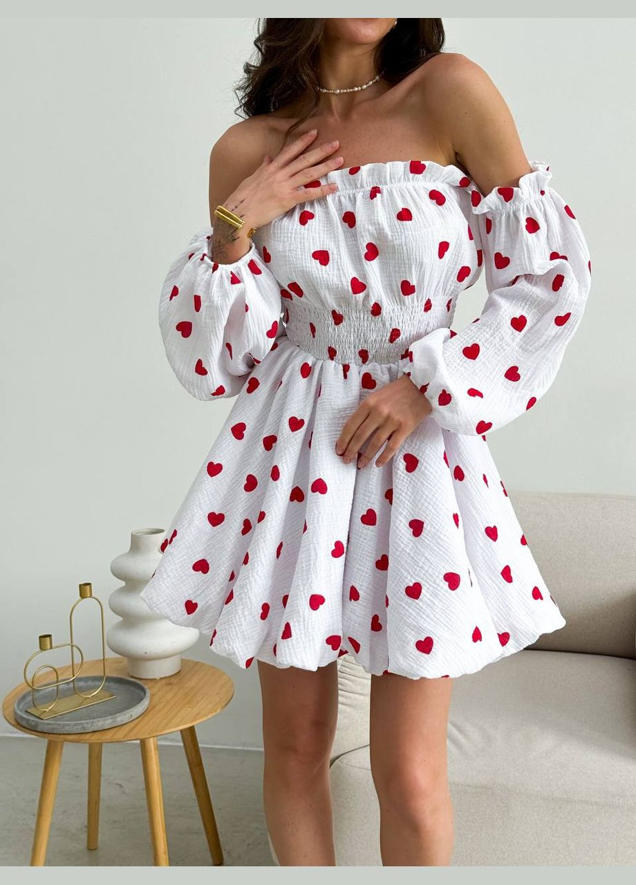 Белое повседневный, кэжуал платье из муслина No Brand сердечки