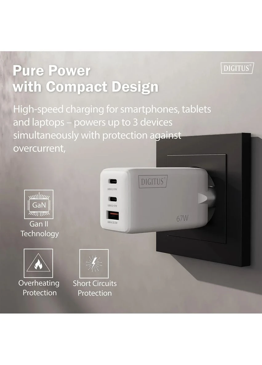Зарядное устройство GaN 2хUSB-C, 1хUSB-A, 67W Digitus (393453639)