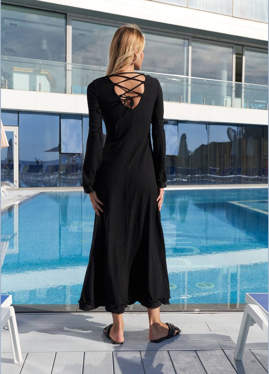 Черное длинное легкое летнее платье с длинными рукавами клеш, шнуровка на спинке ZF inspire