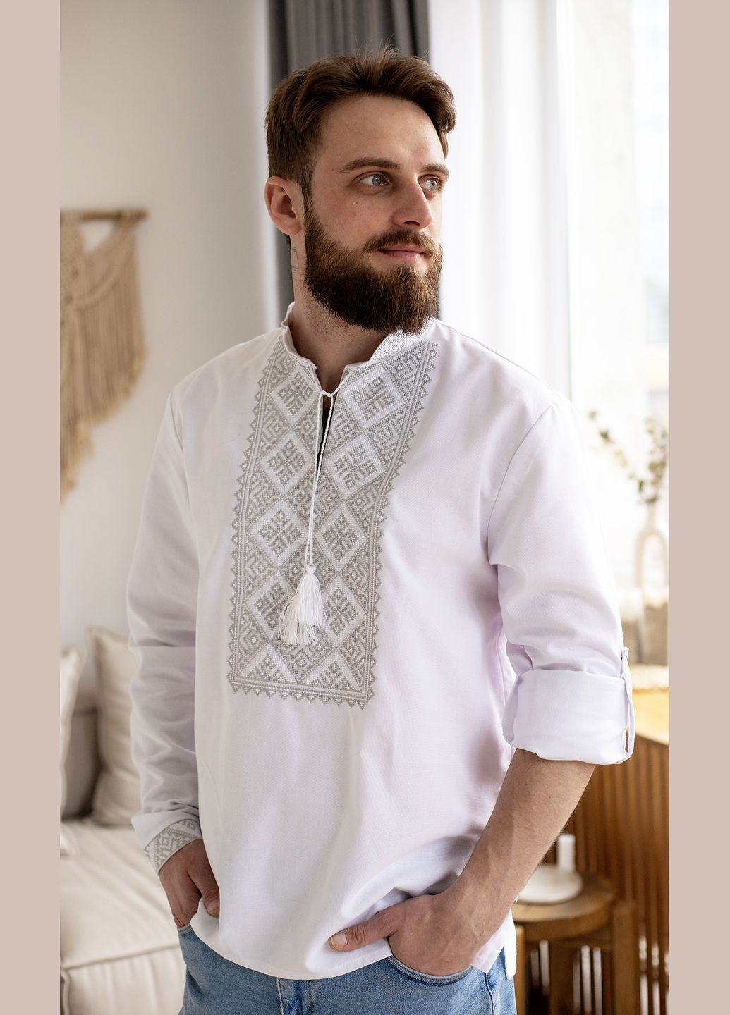 Біла вишиванка чоловіча vishivano4ka 319-1+ візерунок геометричний пряма бавовна (305834695)