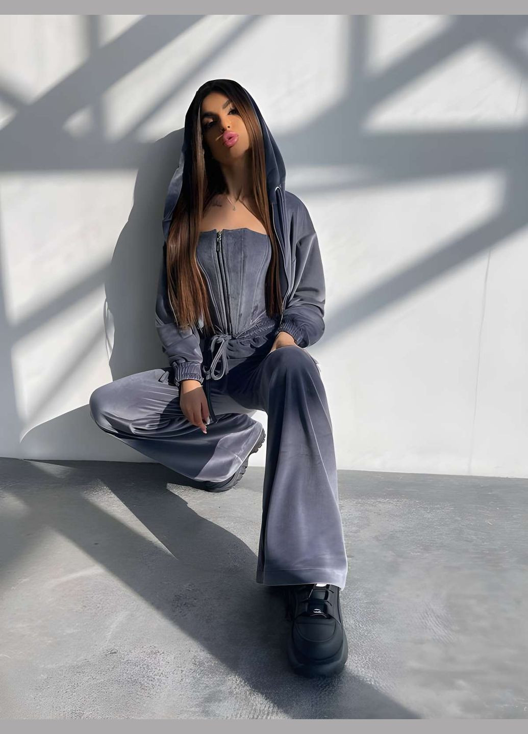 Мягкий велюровый костюм тройка с корсетом, женский спортивный костюм на... No Brand (331283795)