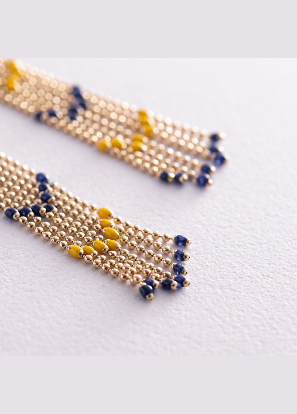 Патриотические серьги с цепочками в желтом золоте (синяя и желтая эмаль) с08052 Oniks (264024626)