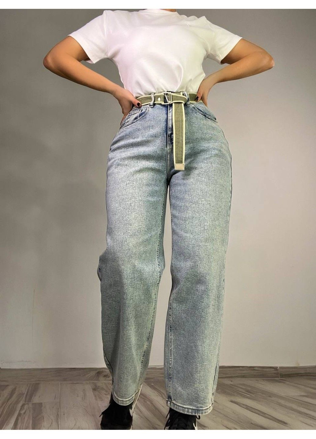 Джинсы женские DNL 2670 skater mom jeans высокая талия с ремнем стрейчевые голубые No Brand - (322019913)