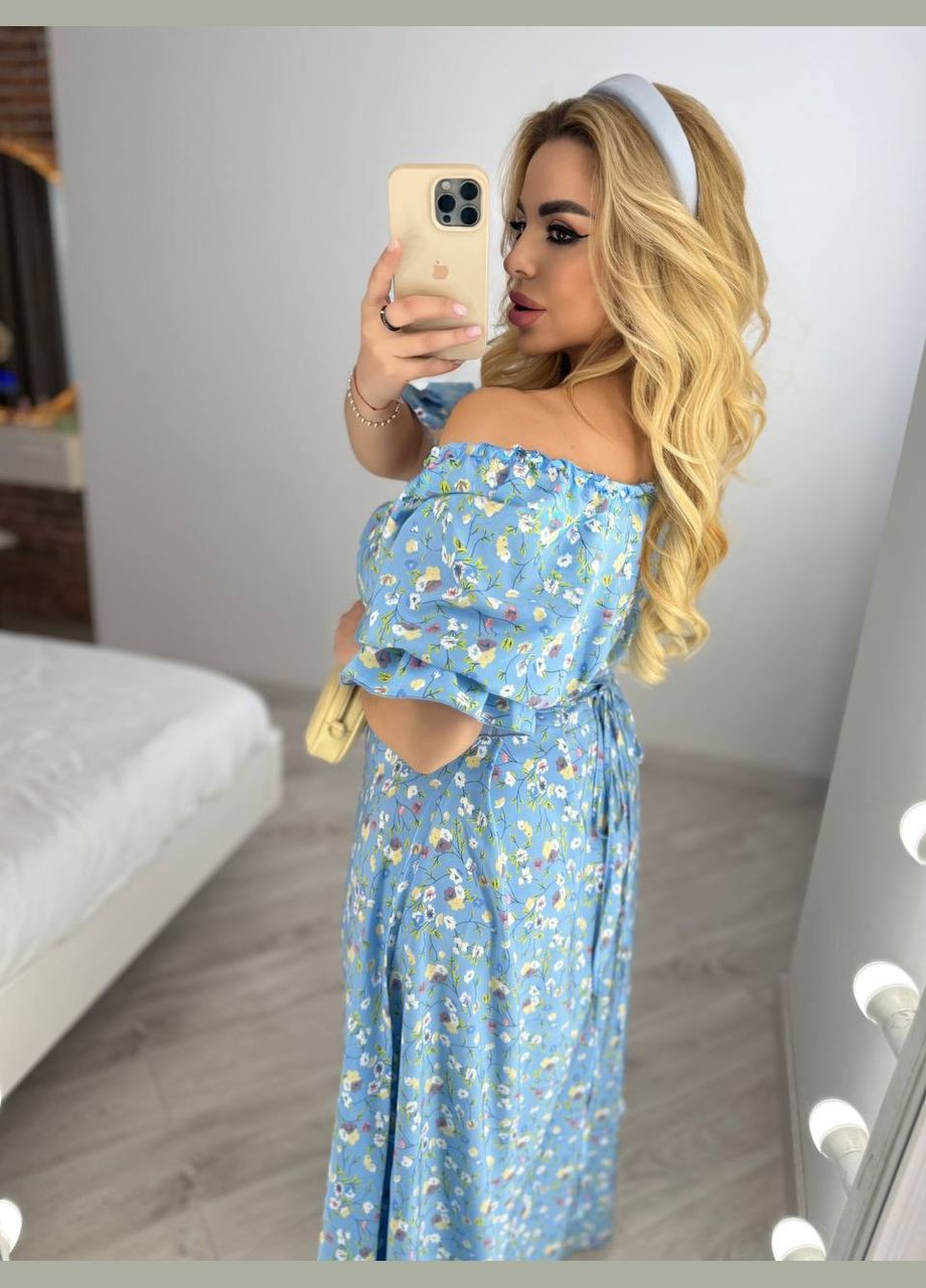 Голубое повседневный, праздничный, коктейльное, вечернее длинное платье с разрезом с открытыми плечами Україна с цветочным принтом
