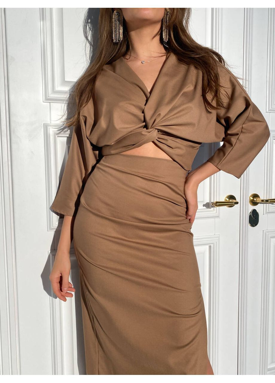 Костюм MON CHERY топ с рукавами и юбка меди с разрезом цвет капучино milirud (366291625)